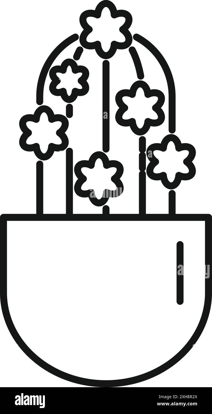 Icône minimaliste d'art au trait d'un cactus poussant dans un pot et fleurissant avec des fleurs Illustration de Vecteur