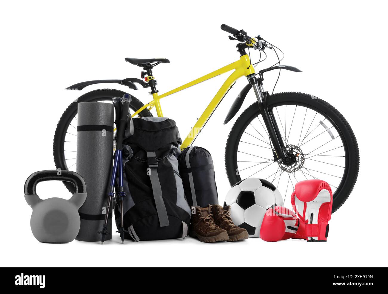 Différents équipements sportifs et trucs isolés sur blanc Banque D'Images