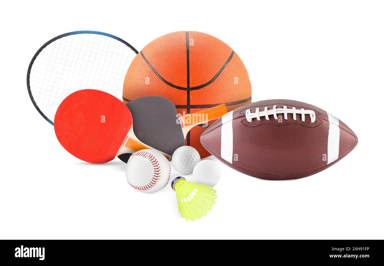 Différents équipements sportifs et trucs isolés sur blanc Banque D'Images