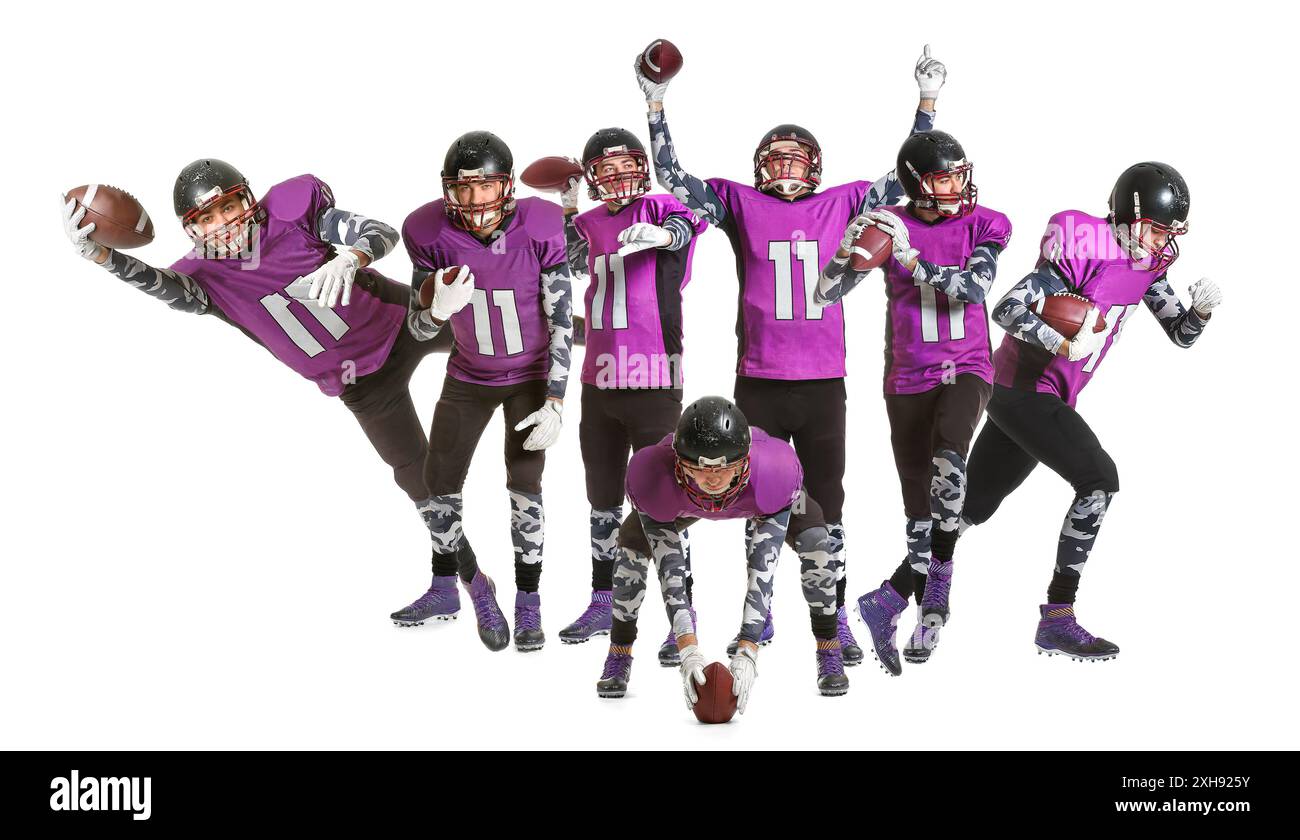 Ensemble de joueurs de football américain sur fond blanc Banque D'Images