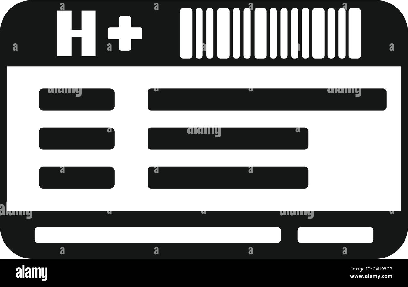 Icône noire et blanche d'un dossier médical, affichant les données patient et un code-barres Illustration de Vecteur