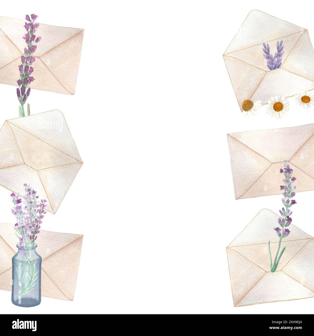 Enveloppes et fleurs de lavande, cadre isolé sur blanc. Peint à la main à l'aquarelle. Art texturé stationnaire de haute qualité idéal pour les cartes, affiches, PA Banque D'Images
