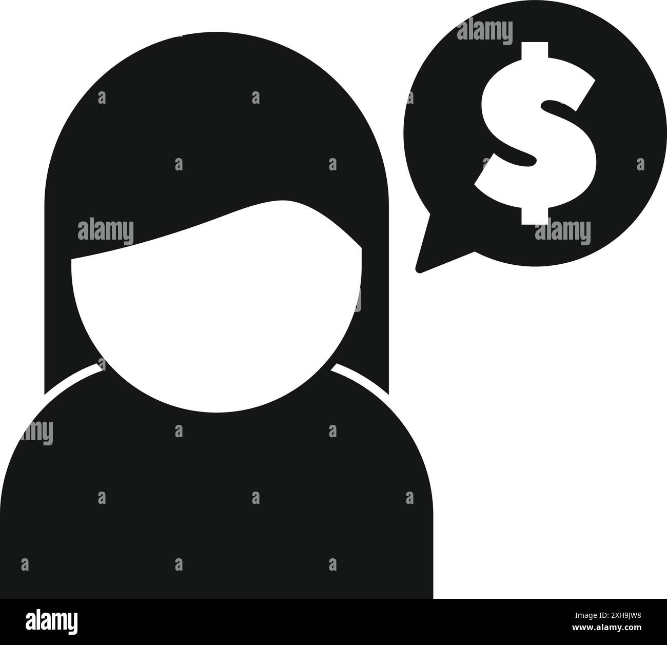 Icône solide noire pour une femme d'affaires pensant à l'argent, aux affaires et au concept de finance Illustration de Vecteur