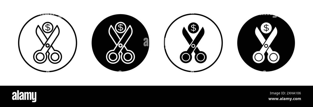 Icône de réduction des coûts symbole vectoriel ou collection d'ensemble de signes dans un contour noir et blanc Illustration de Vecteur