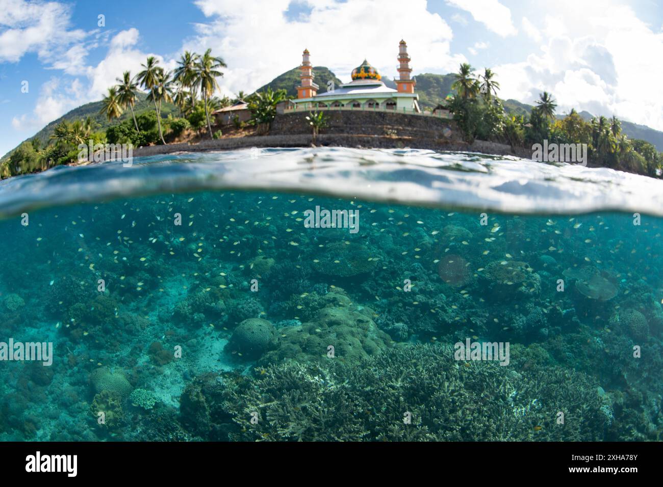 Une belle mosquée, construite sur le bord du détroit de Pantar en Indonésie, a un récif corallien florissant à proximité. Cette zone a une biodiversité marine élevée. Banque D'Images