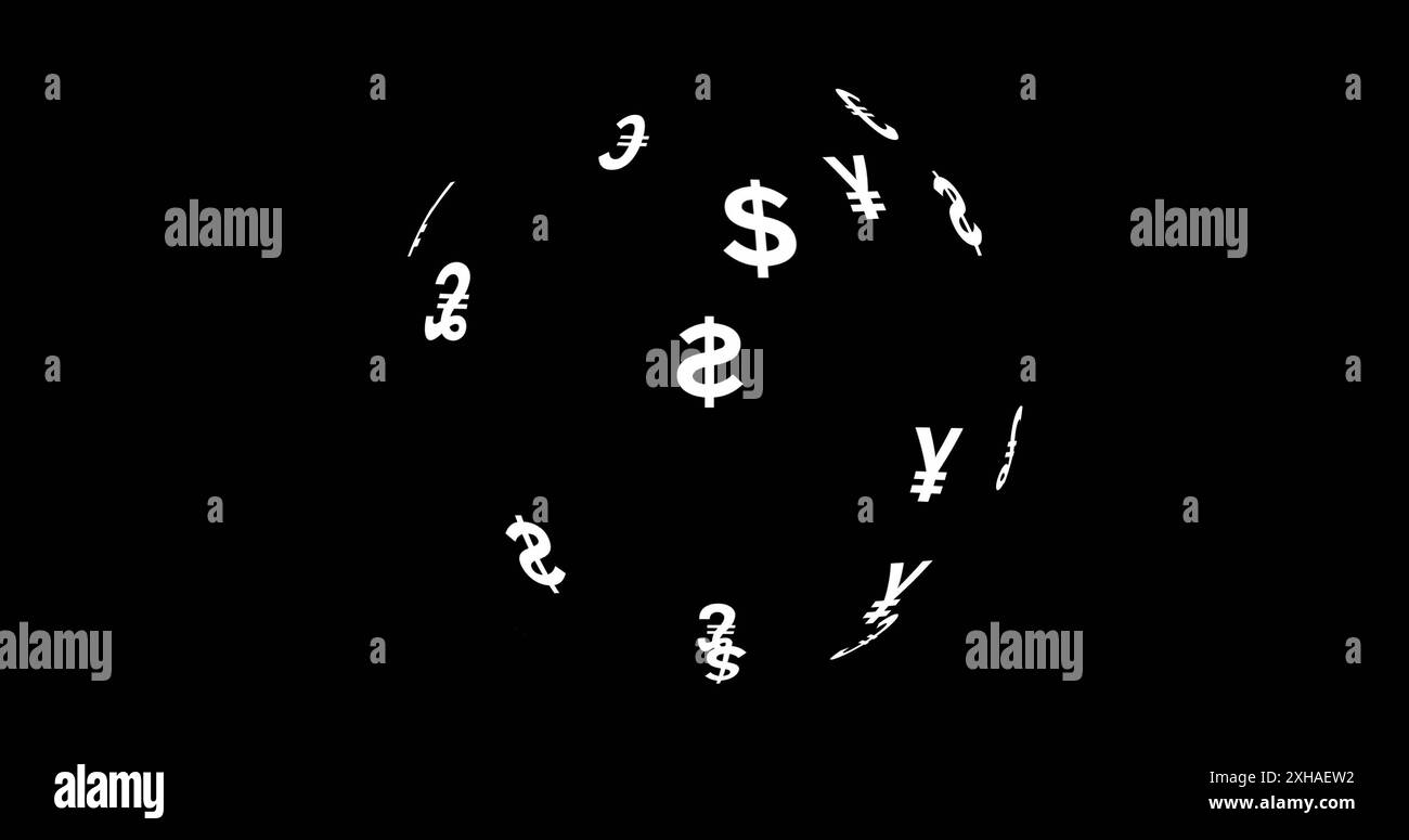 Globe rotatif avec symboles monétaires sur fond noir, représentant la finance mondiale Banque D'Images