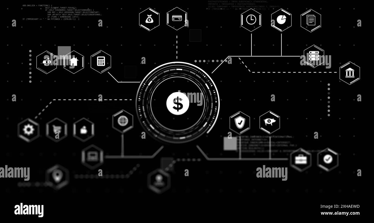 Réseau de finance numérique avec diverses icônes financières connectées sur fond noir Banque D'Images