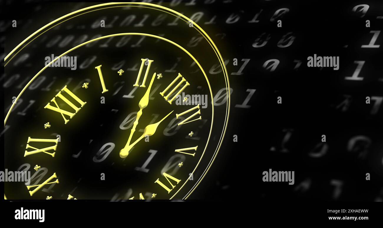 Horloge numérique superposant le code binaire, symbolisant le temps et la technologie dans la finance Banque D'Images