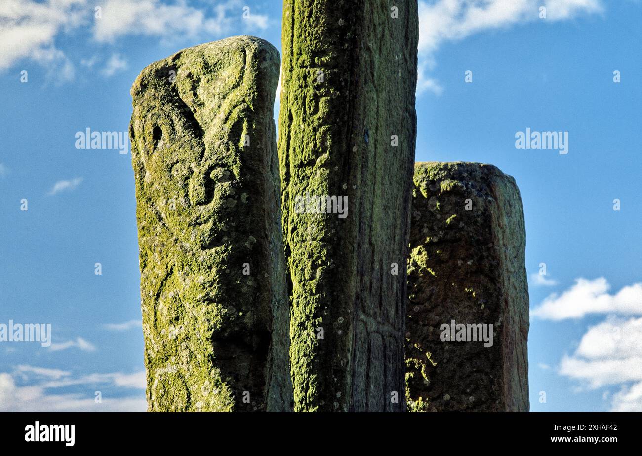 Vue de côté de 2 pierres sculptées flanquant le fût de la Croix chrétienne celtique de Carndonagh, Co. Donegal, Irlande Banque D'Images