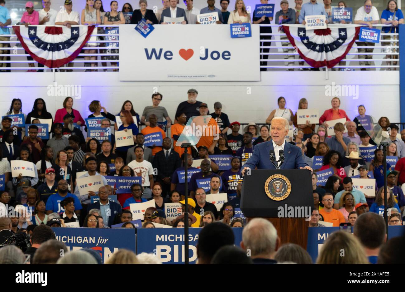 Detroit, États-Unis. 12 juillet 2024. Le président Joe Biden s’adresse à ses partisans lors d’un rassemblement de campagne à la Renaissance High School de Detroit, Michigan, le vendredi 12 juillet 2024. Photo de Rena Laverty/UPI crédit : UPI/Alamy Live News Banque D'Images