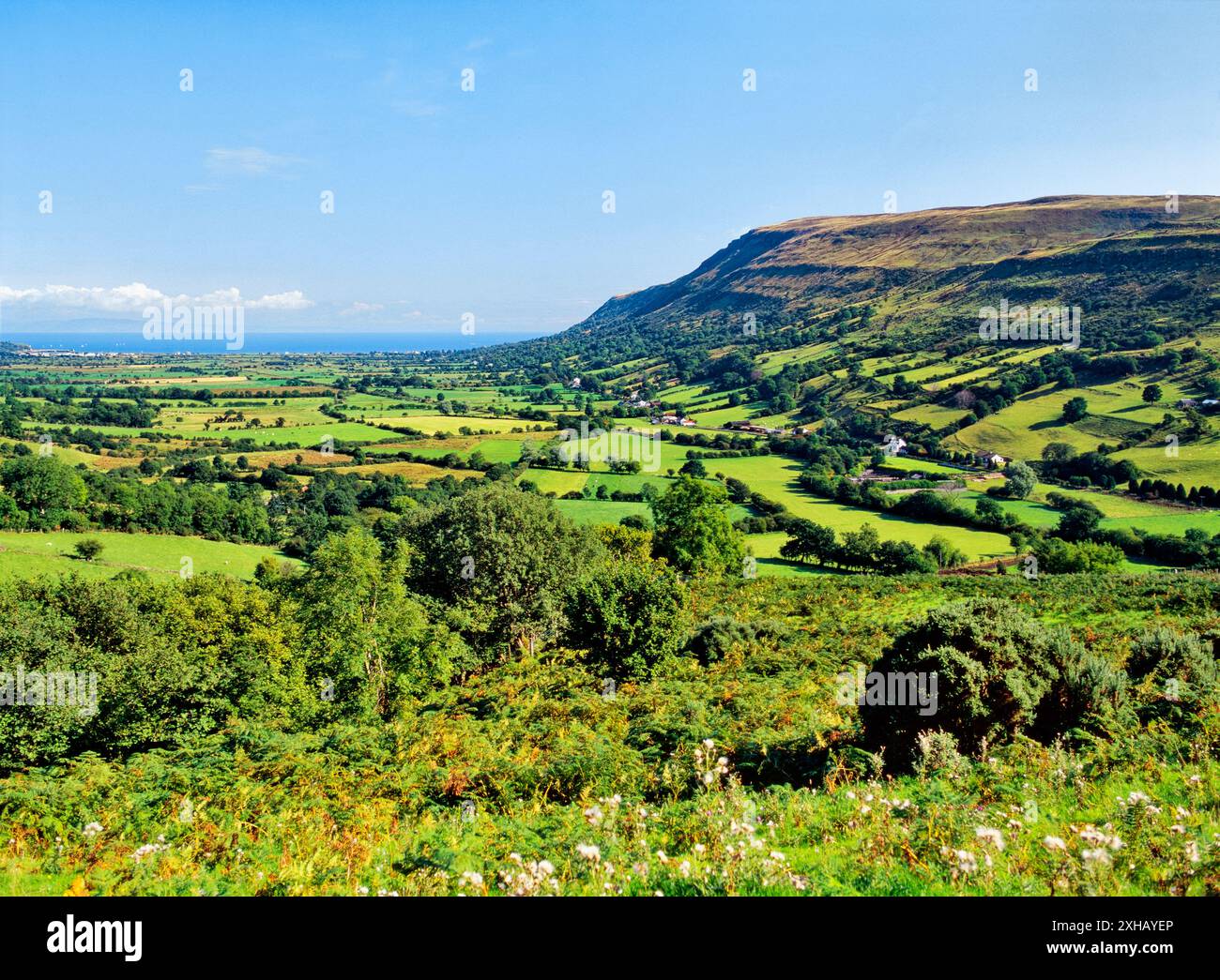 Au nord-est, au-dessus de Glenariff, l'un des neuf Glens d'Antrim jusqu'à la côte atlantique à Red Bay et Waterfoot, en Irlande du Nord Banque D'Images