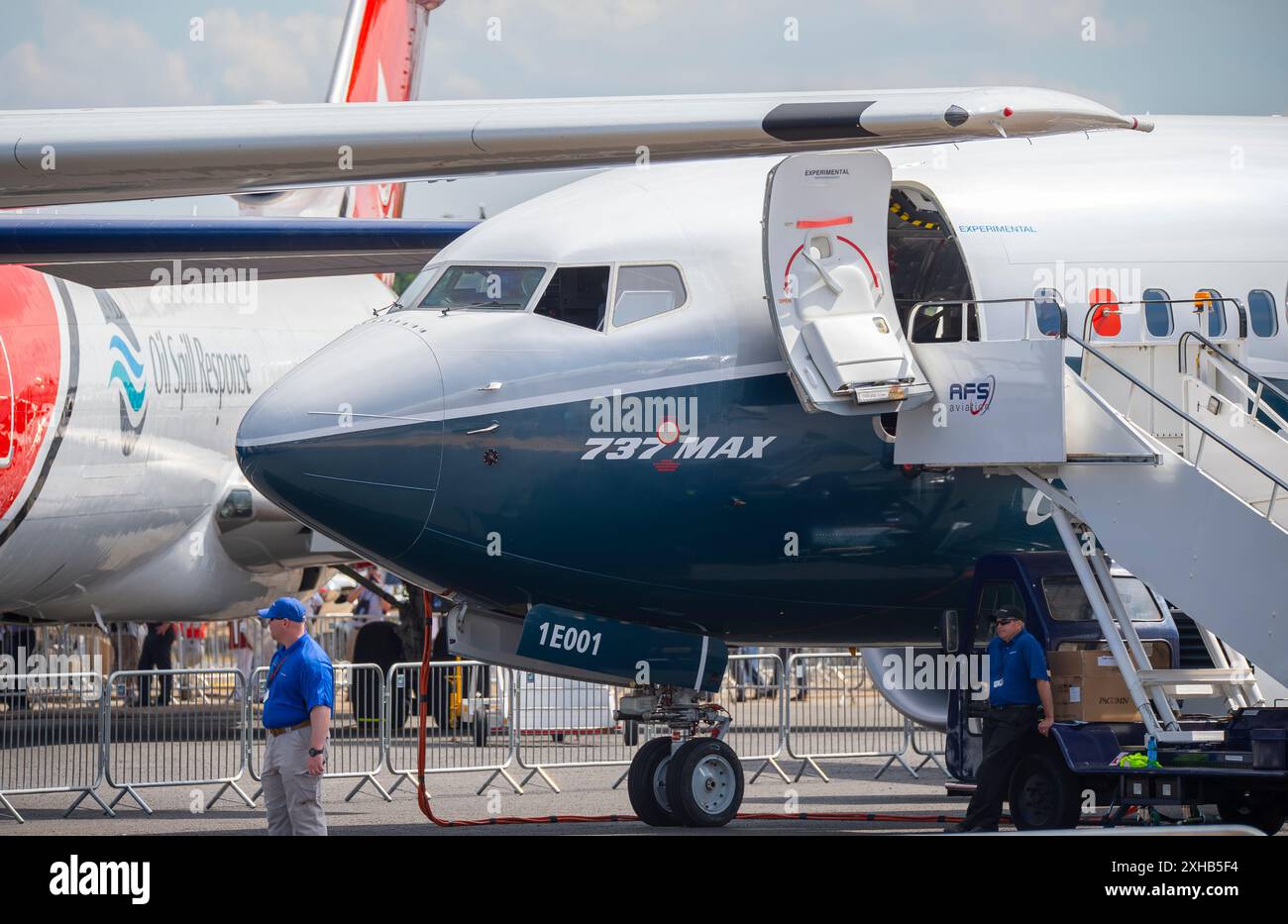 Exposition statique du cockpit d'un Boeing 737 Max au salon aéronautique de Farnborough, en Angleterre Banque D'Images