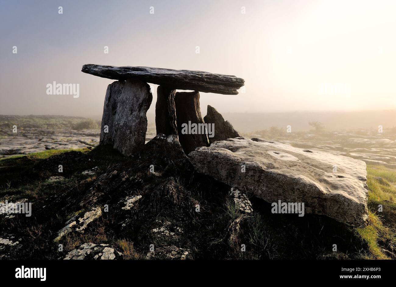 L'Âge de pierre préhistoriques de Poulnabrone dolmen tombe sur le plateau calcaire du Burren près de falaises de Moher, comté de Clare, Irlande Banque D'Images