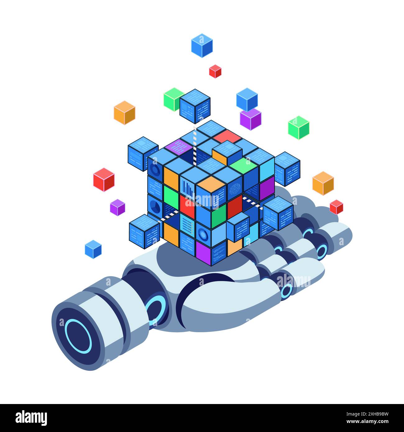 Cubes Big Data isométriques sur la main robotique. Concept Big Data Analytics. Illustration de Vecteur