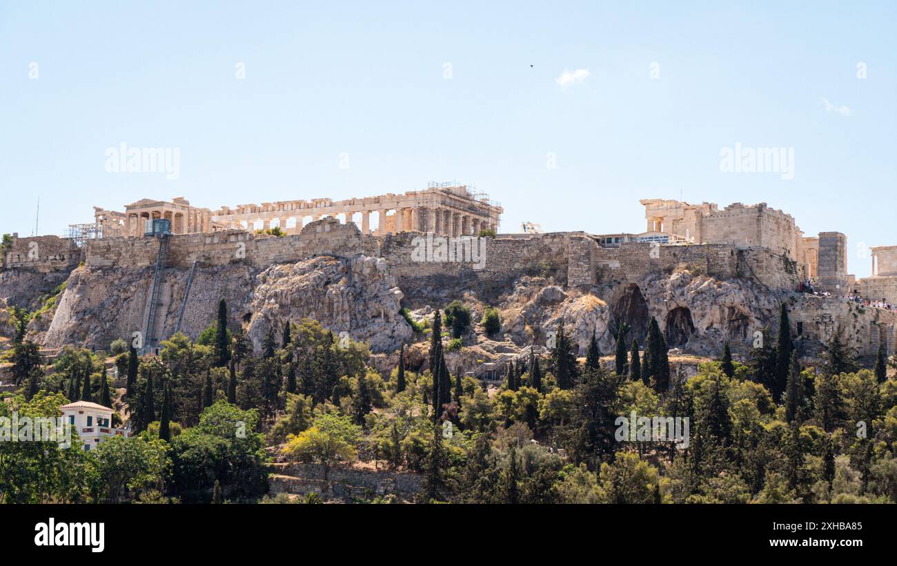 Vue de l'Acropole d'Athènes depuis l'Agora, Grèce. Banque D'Images