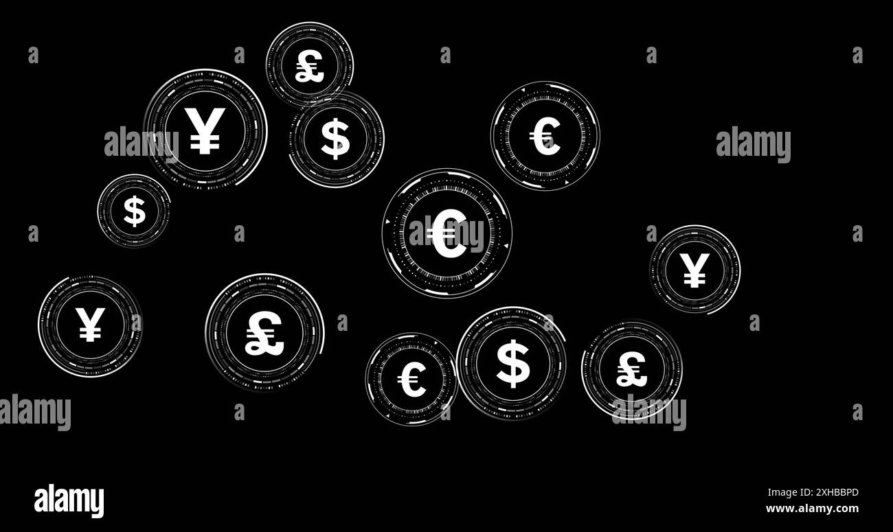 Symboles de monnaie numérique flottants, représentant des concepts de finance et d'économie mondiale Banque D'Images