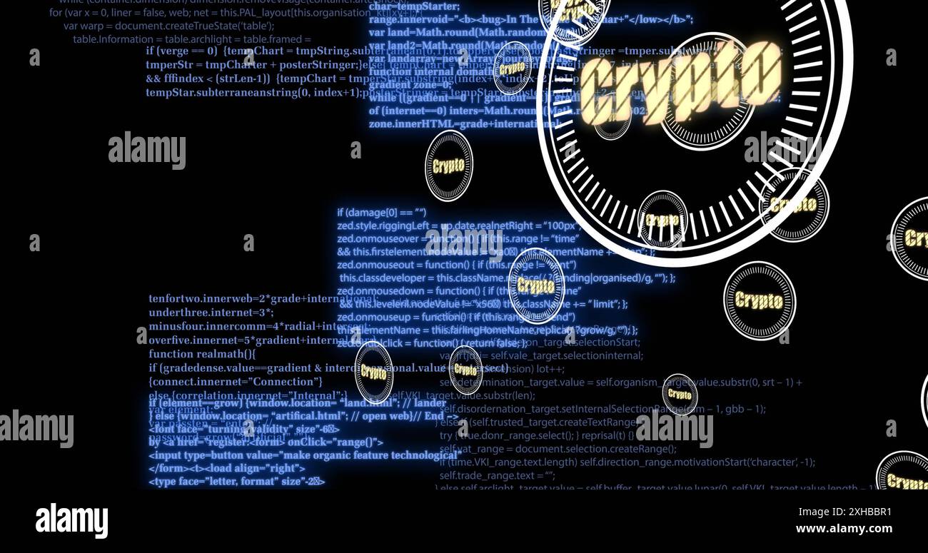 Code numérique flottant et crypto-texte, représentant la technologie blockchain et la crypto-monnaie Banque D'Images