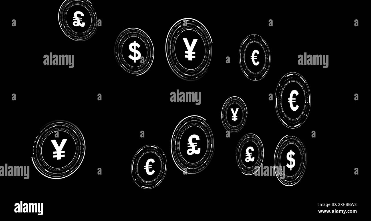 Symboles de monnaie numérique flottants représentant les tendances mondiales de la finance et de la crypto-monnaie Banque D'Images
