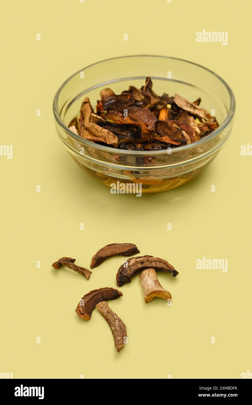 Champignons forestiers séchés trempant dans un bol avec de l'eau Banque D'Images