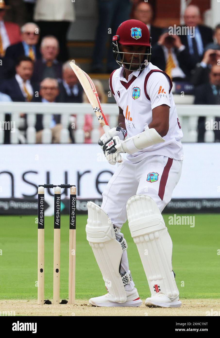 LONDRES, Royaume-Uni, JULY10 : Kraigg Brathwaite des Antilles en action lors du Rothesay test It test Day 1 of 5 match entre l'Angleterre et les Antilles au Lord's Cricket Ground, Londres le 10 juillet 2024 Banque D'Images