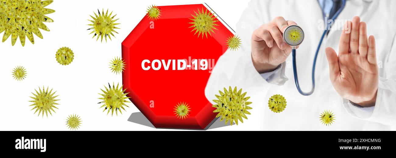 Bannière illustrative. Concept de pandémie de coronavirus. Médecin en robe médicale arrêt de signalisation avec la paume de la main, entouré de coronavirus Banque D'Images