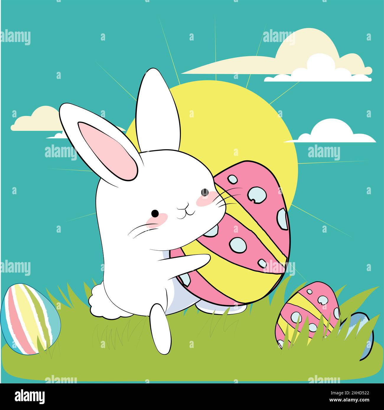 Joyeuses Pâques, carte de pâques décorée, bannière. Lapins, œufs de Pâques, fleurs et panier. Motif folk. . Illustration vectorielle Illustration de Vecteur