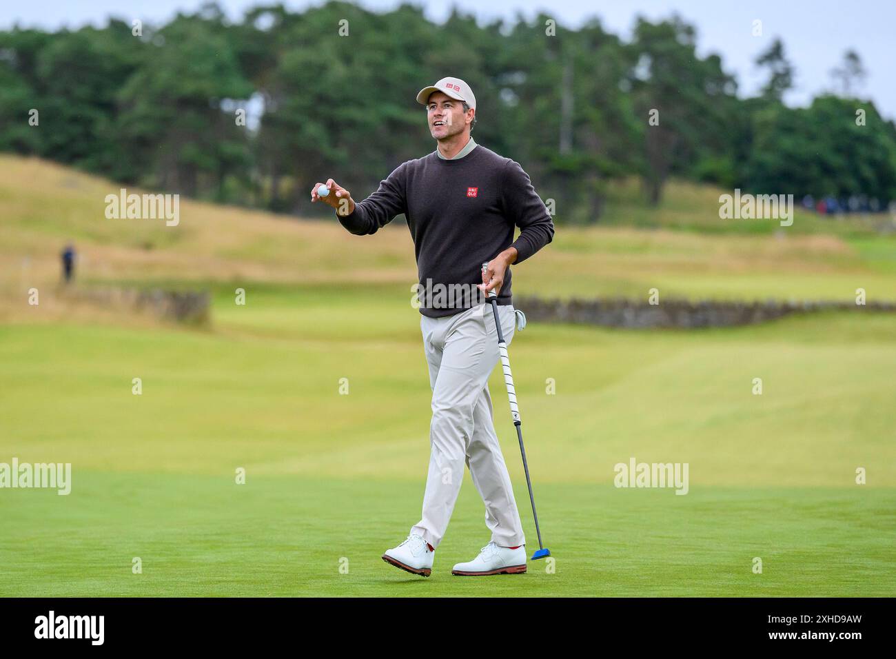 Adam Scott sur le 18e trou lors de la troisième journée du Genesis Scottish Open 2024 au Renaissance Club, North Berwick. Date de la photo : samedi 13 juillet 2024. Banque D'Images