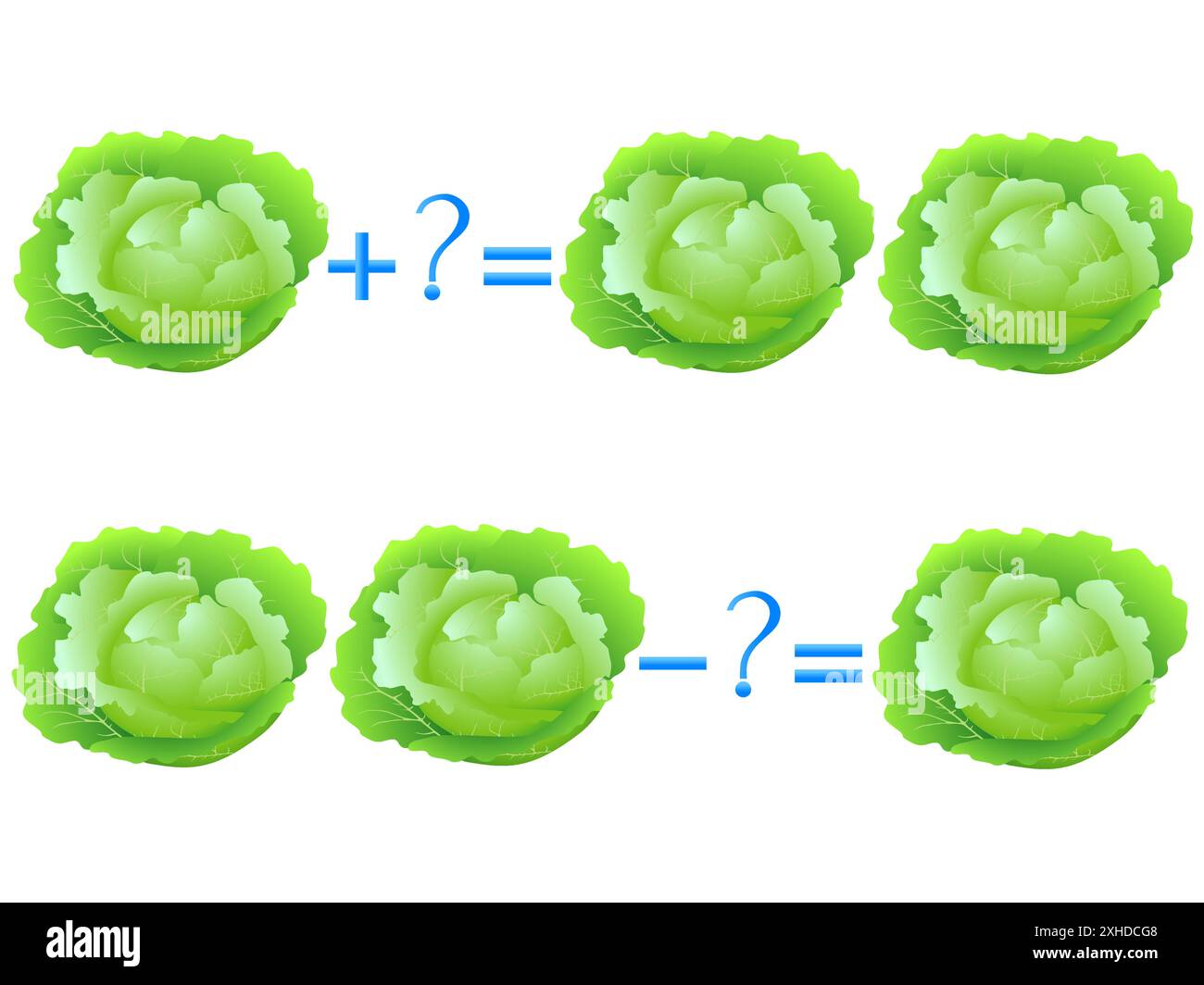 Relation d'action d'addition et de soustraction, exemples avec le chou. Jeux éducatifs pour enfants. Illustration de Vecteur