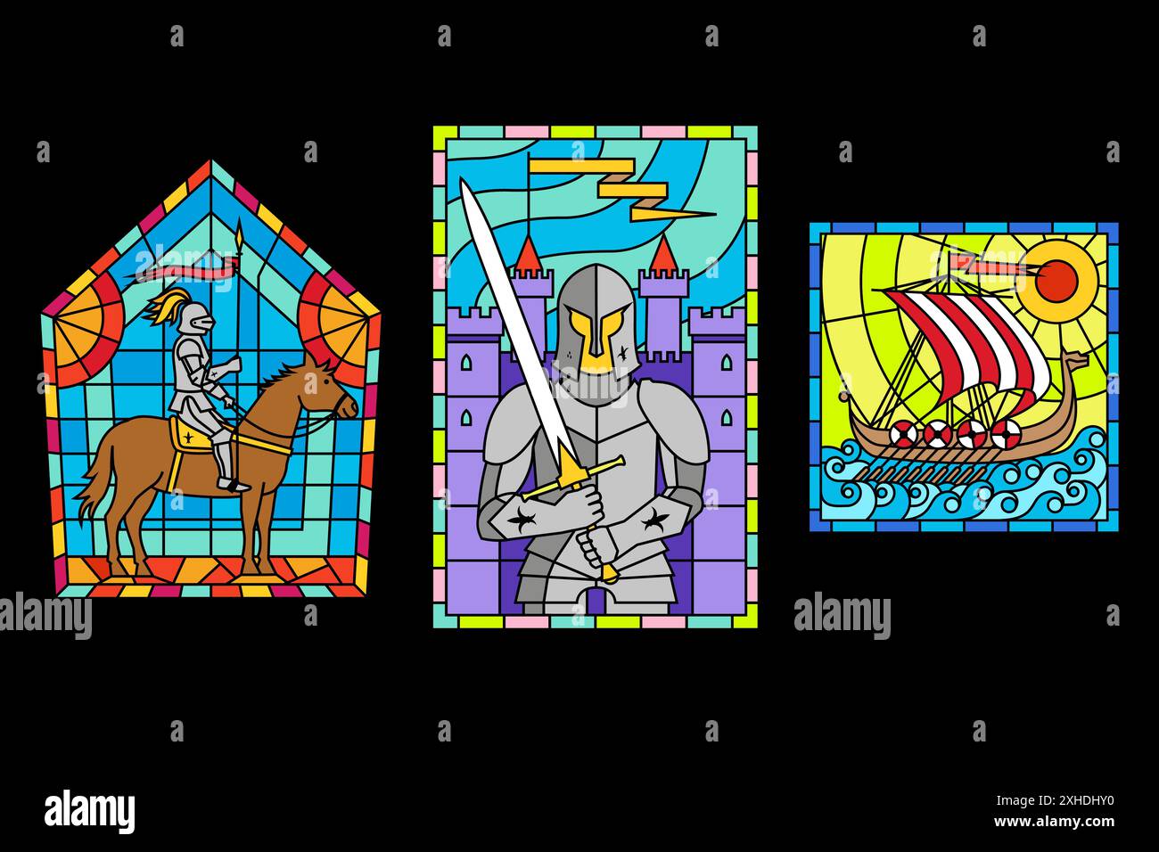 Ensemble de navire viking et vitrail coloré chevaliers médiévaux. Décoration en mosaïque gothique colorée pour l'intérieur. Illustration vectorielle. Illustration de Vecteur