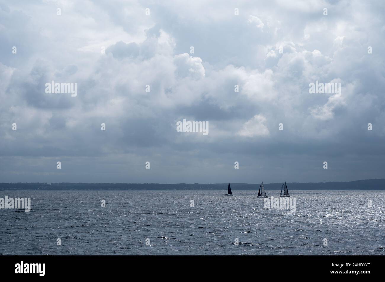 Trois voiliers sur le fjord Oslofjord, en Norvège, un jour avec des nuages massifs et un vent violent. Banque D'Images