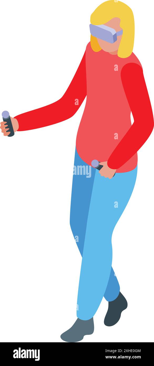 Jeune femme est immergée dans une expérience de réalité virtuelle, en utilisant des lunettes et des contrôleurs vr pour interagir avec le monde numérique Illustration de Vecteur