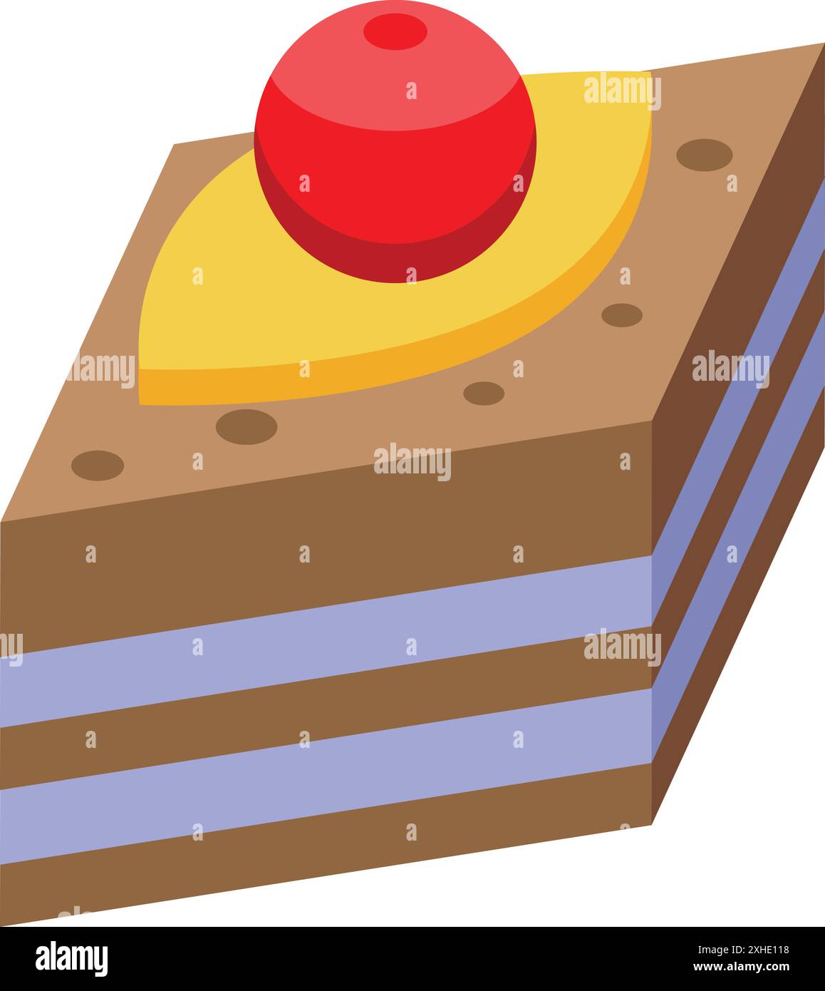 Vue isométrique d'un délicieux gâteau en couches, avec une cerise rouge éclatante sur une garniture jaune lisse, parfait pour les visuels de boulangerie ou de dessert Illustration de Vecteur