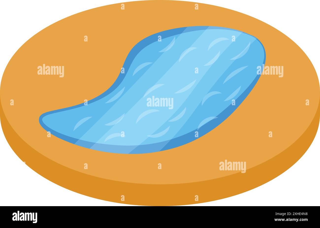 Icône de style de dessin animé d'un petit lac bleu reflétant la lumière du soleil entourée de sable Illustration de Vecteur