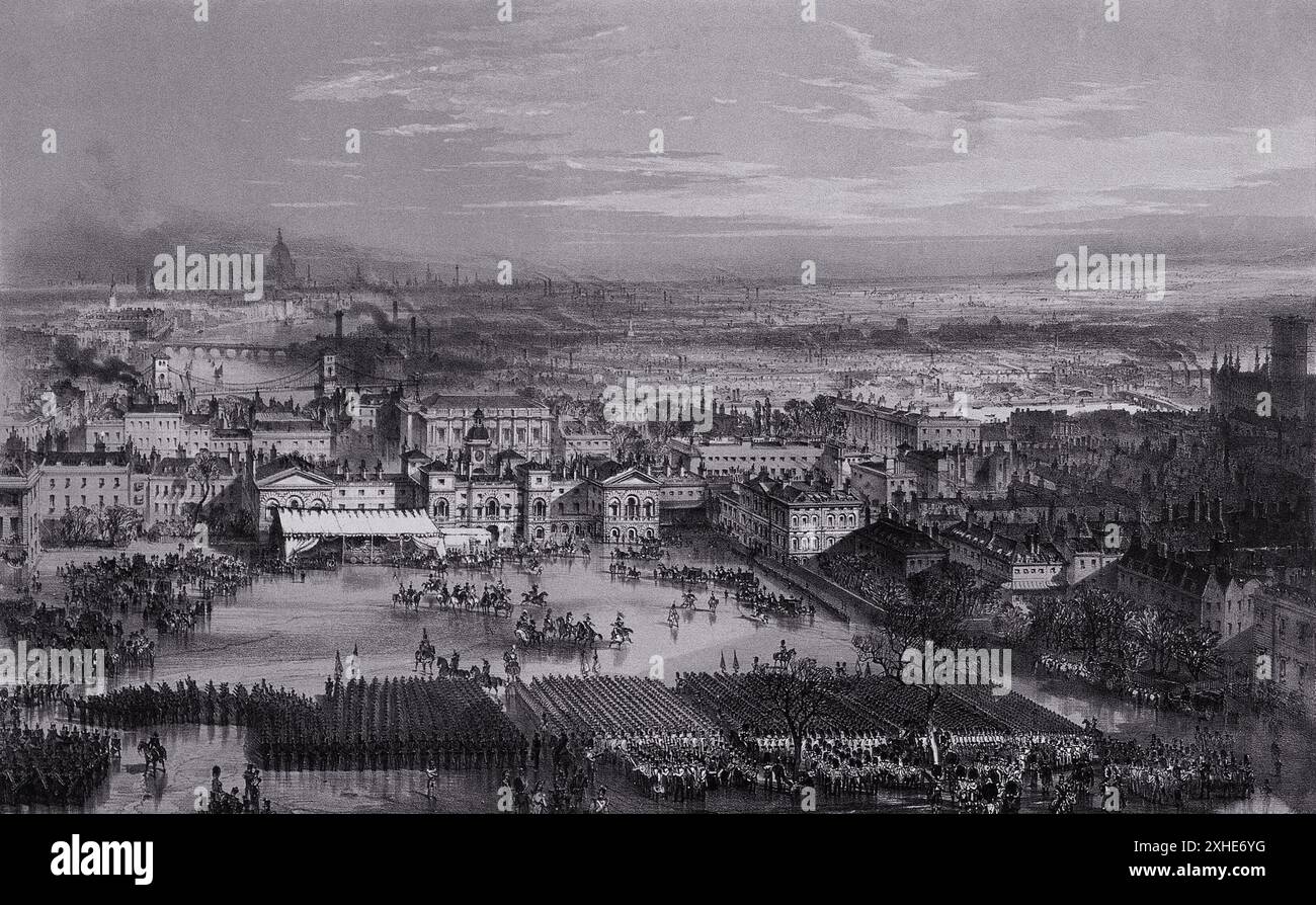 Le cortège funèbre du duc de Wellington serpente à travers Londres, en passant par les Horse Guards. Le cortège est composé d'un grand nombre de personnes, y compris des soldats, des chevaux et des voitures. L'image montre une vue d'ensemble de l'événement, avec la ville de Londres qui s'étend derrière la procession. Banque D'Images