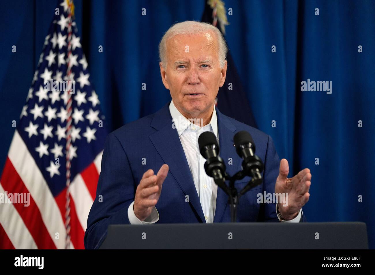 President Joe Biden speaks, Saturday, July 13, 2024, in Rehoboth Beach, Del., addressing news that gunshots rang out at Republican presidential candidate former President Donald Trump's Pennsylvania campaign rally. (AP Photo/Manuel Balce Ceneta) Banque D'Images
