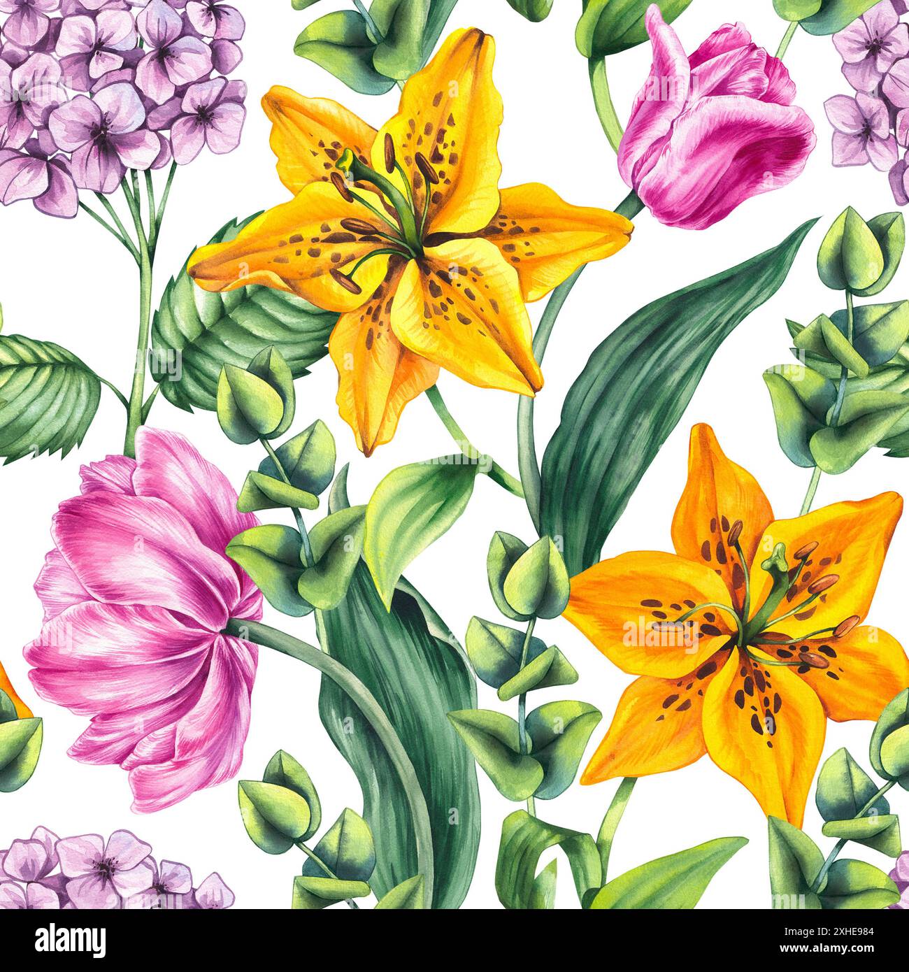 Aquarelle sans couture motif de fleurs. Motif floral aquarelle avec lis, tulipe, hortensia, eucalyptus sur fond blanc pour textile, tissu, inv Banque D'Images