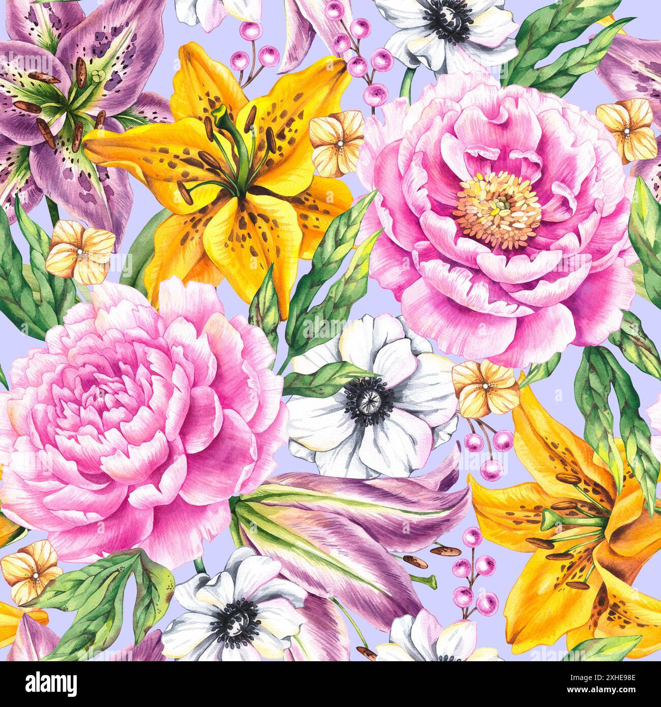 Aquarelle sans couture motif de fleurs. Motif floral aquarelle avec pivoines, lys, anémones sur fond bleu pour textile, tissu, invitation, c Banque D'Images