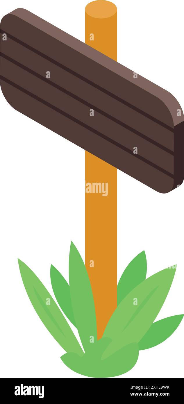 Signe en bois est debout avec de l'herbe verte poussant à la base Illustration de Vecteur