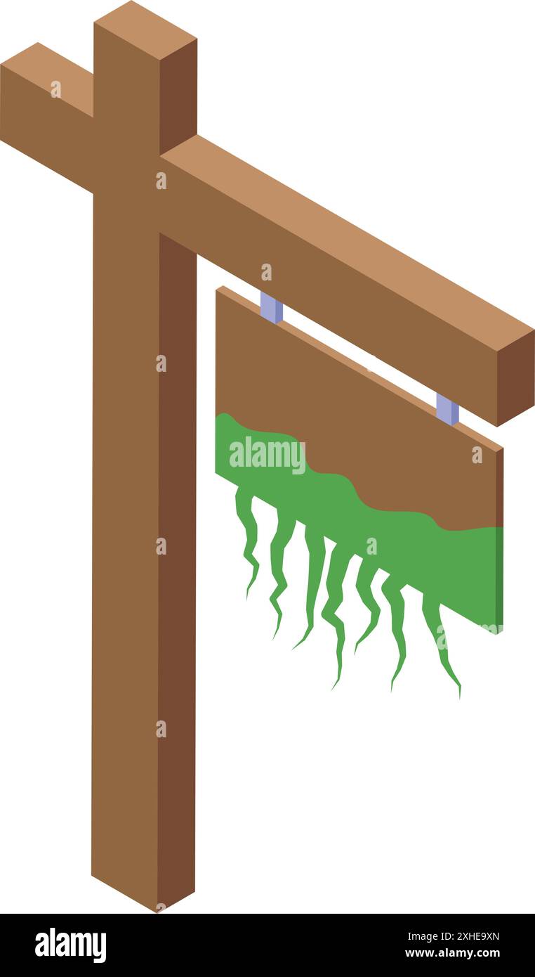 Panneau de signalisation en bois recouvert de mousse verte montre la voie aux voyageurs perdus dans la vue isométrique Illustration de Vecteur