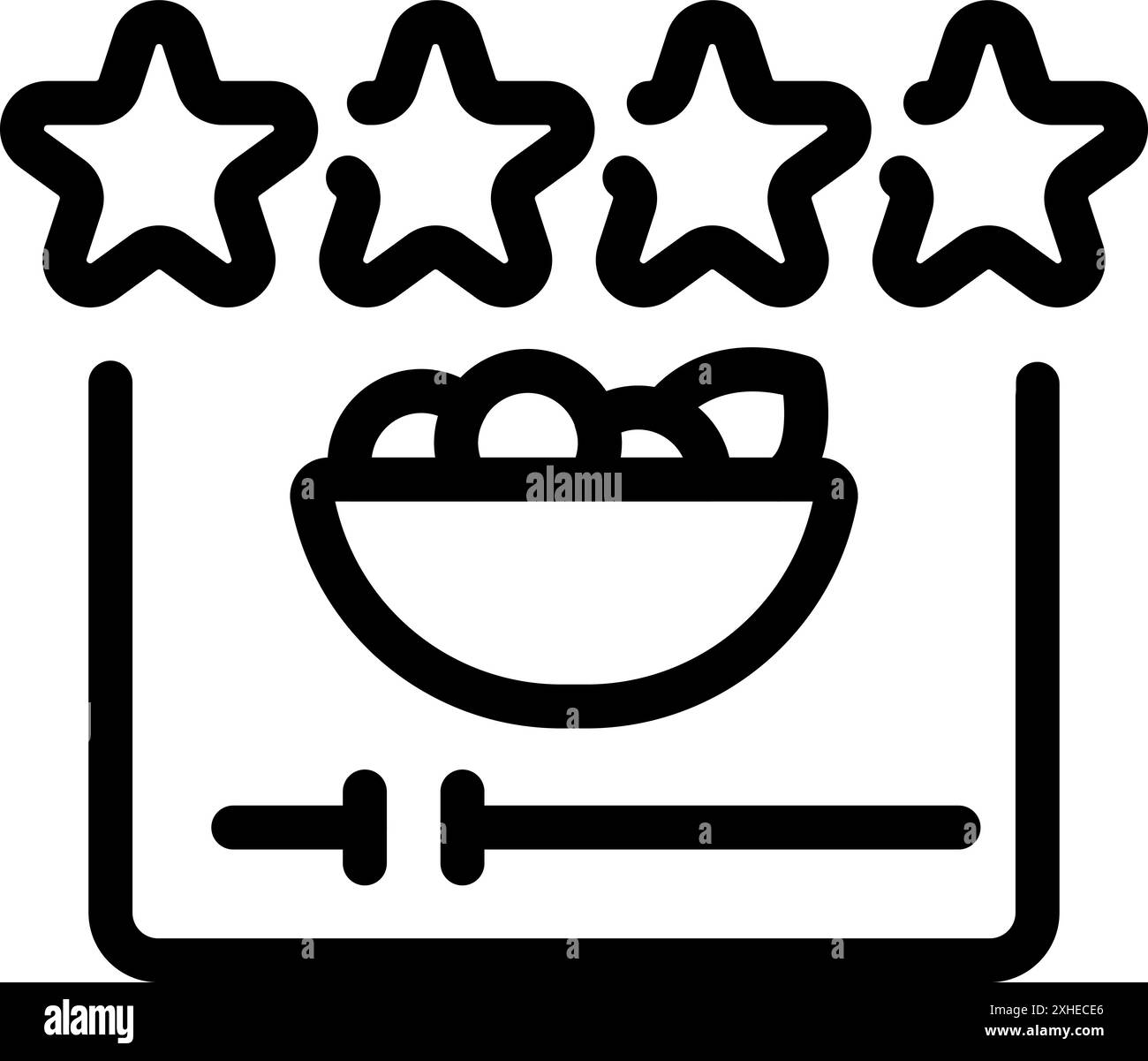 Icône de ligne d'un lecteur vidéo montrant un bol de nourriture avec une note de cinq étoiles, parfait pour représenter les critiques alimentaires Illustration de Vecteur