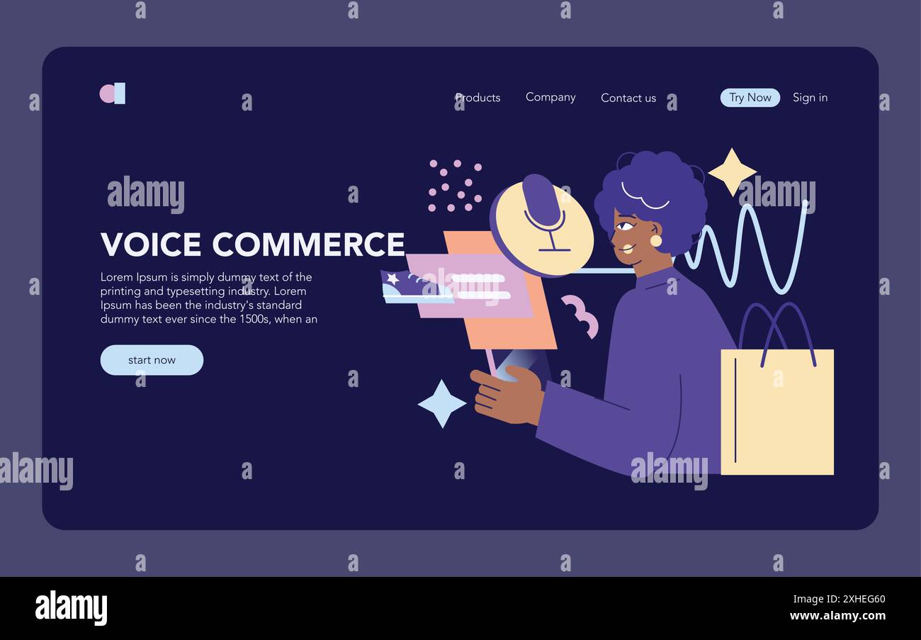 Concept de commerce vocal. Achats en ligne modernes grâce à une technologie innovante de reconnaissance vocale. Consommateur interagissant avec l'assistant numérique. Illustration vectorielle. Illustration de Vecteur