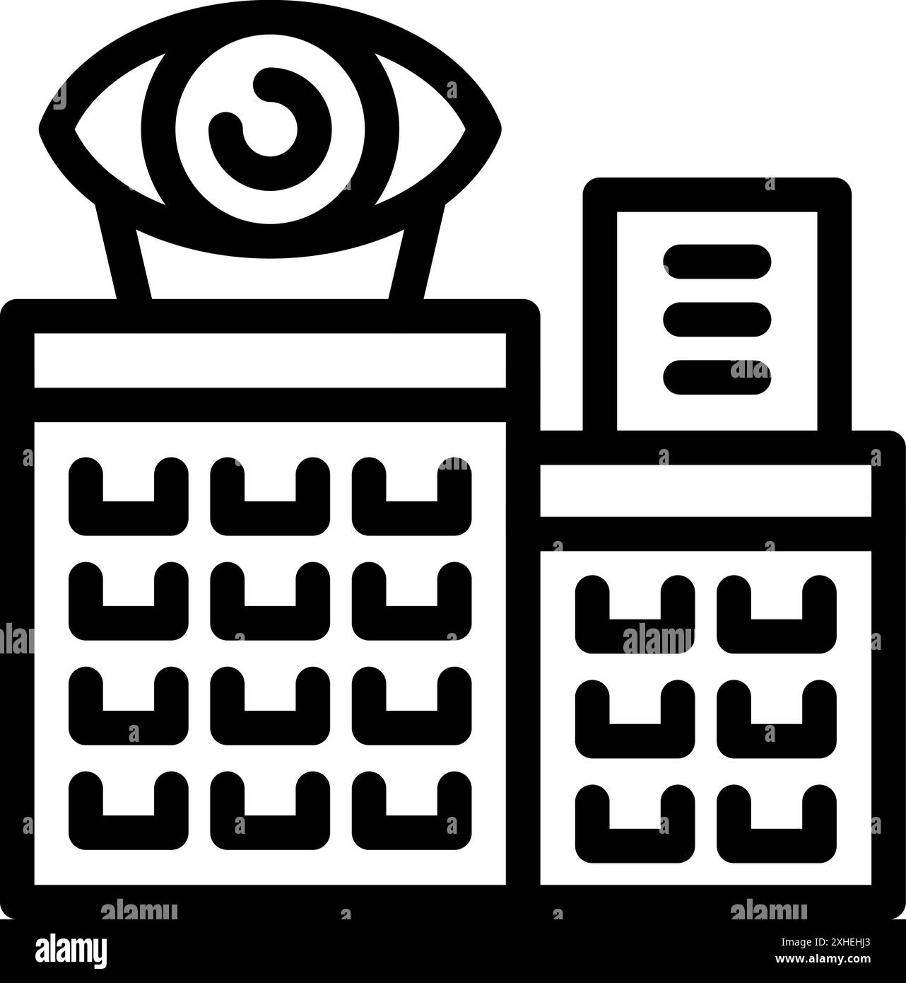 Un grand œil surveille un immeuble de bureaux, symbolisant le concept de surveillance totale Illustration de Vecteur