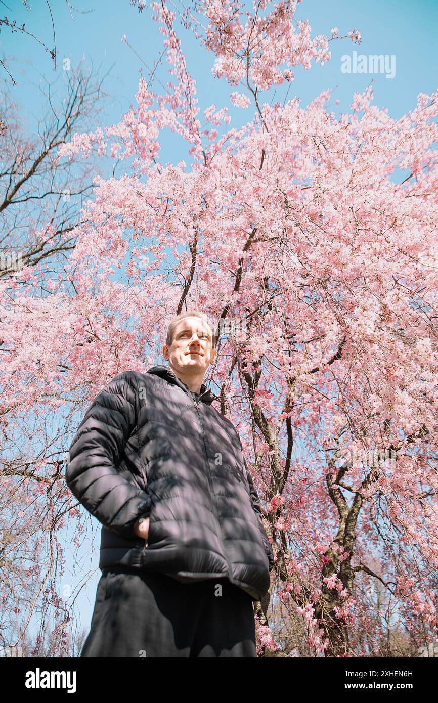 Portrait d'un homme et d'un cerisier en fleurs Banque D'Images