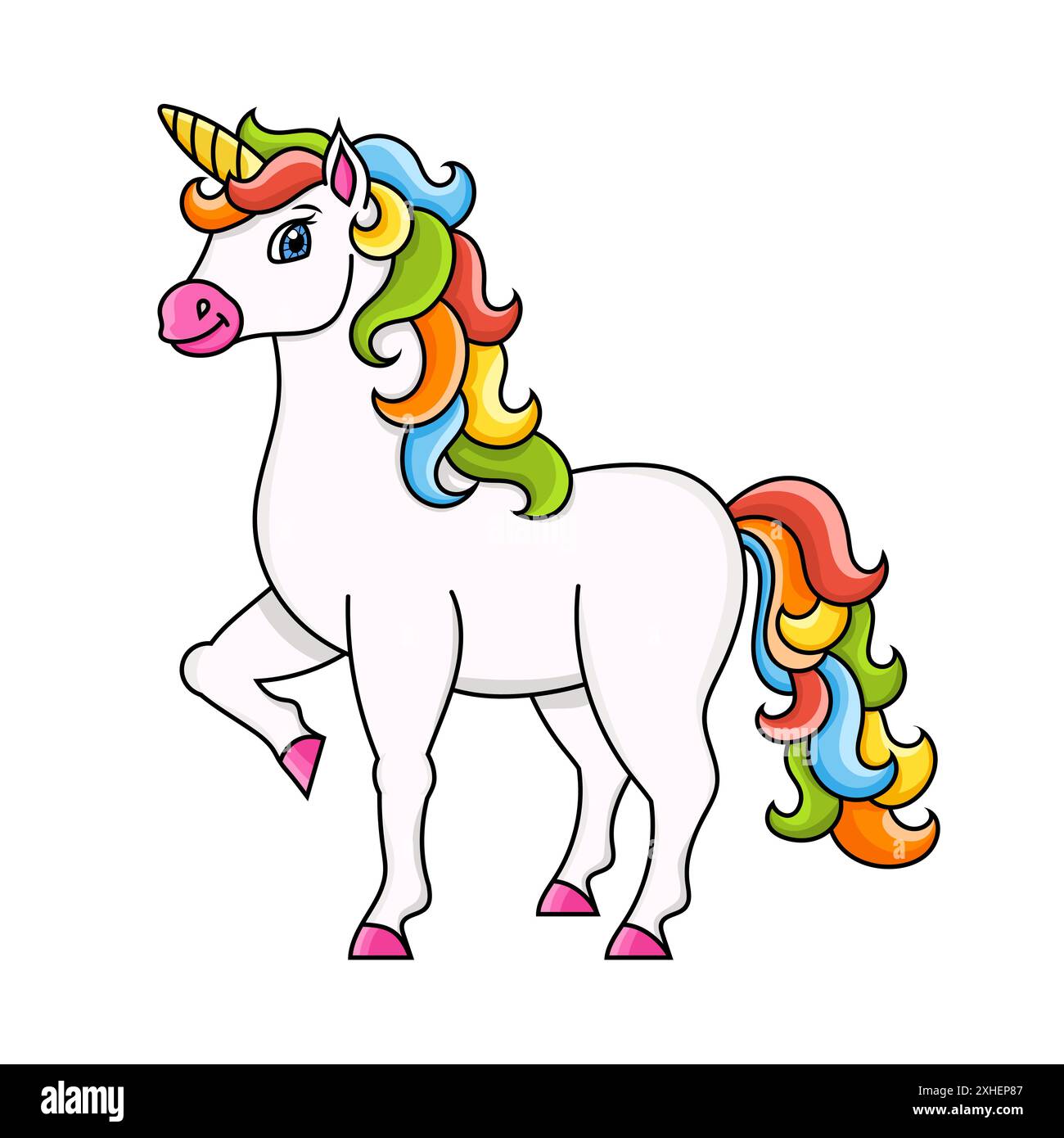 Mignonne licorne. Cheval de fée magique. Illustration vectorielle colorée. Style dessin animé. Isolé sur fond blanc. Elément de conception. Modèle pour votre conception, Illustration de Vecteur