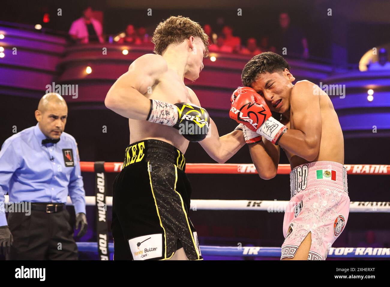 13 juillet 2024 : Javier Zamarron frappe Michael Bracamontes lors de leur Junior Lightweight Fight au Pearl concert Theater au Palms Casino Resort à Las Vegas le 13 juillet 2024 à Las Vegas, Nevada. Christopher Trim/CSM. Banque D'Images