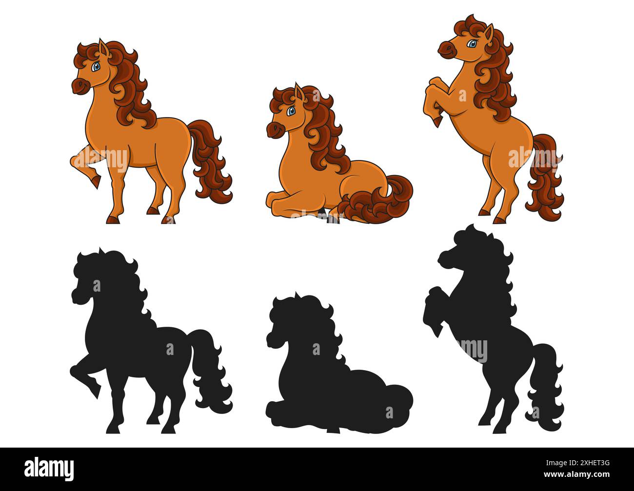 Cheval mignon. Animal de ferme. Personnage de dessin animé. Illustration vectorielle colorée. Isolé sur fond blanc. Elément de conception. Silhouette noire. Illustration de Vecteur