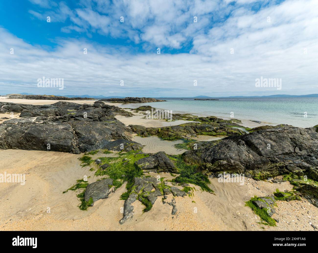 Algues, rochers et sable sur la belle plage de Balnahard sur l'île de Colonsay aux Hébrides en juin, Écosse, Royaume-Uni Banque D'Images