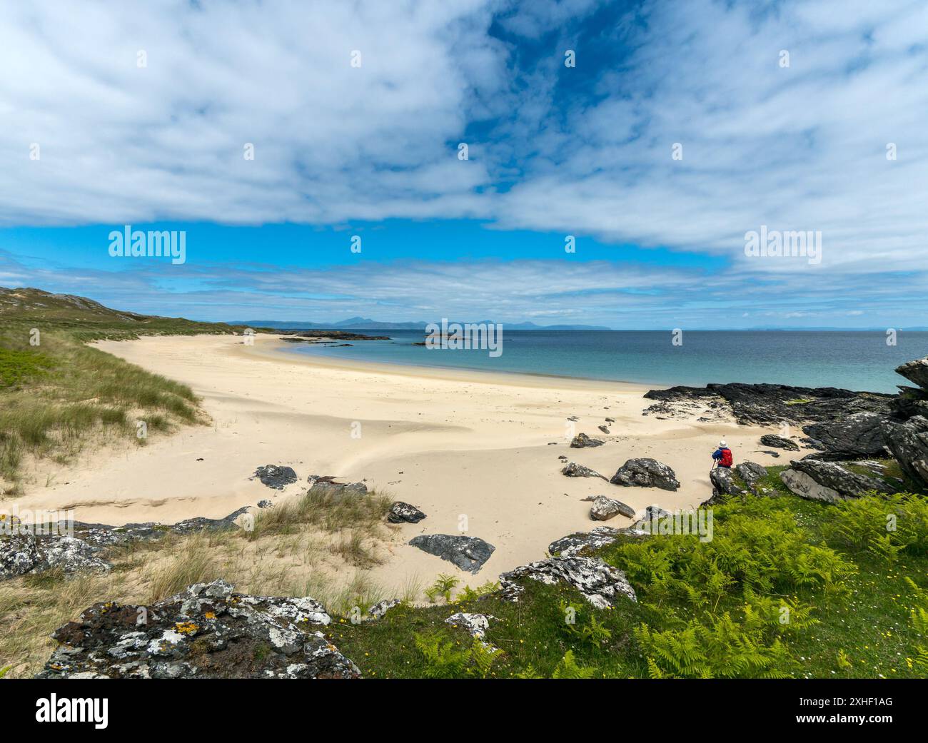Les sables reculés et magnifiques de la plage de Balnahard sur l'île des Hébrides de Colonsay en juin, Écosse, Royaume-Uni Banque D'Images