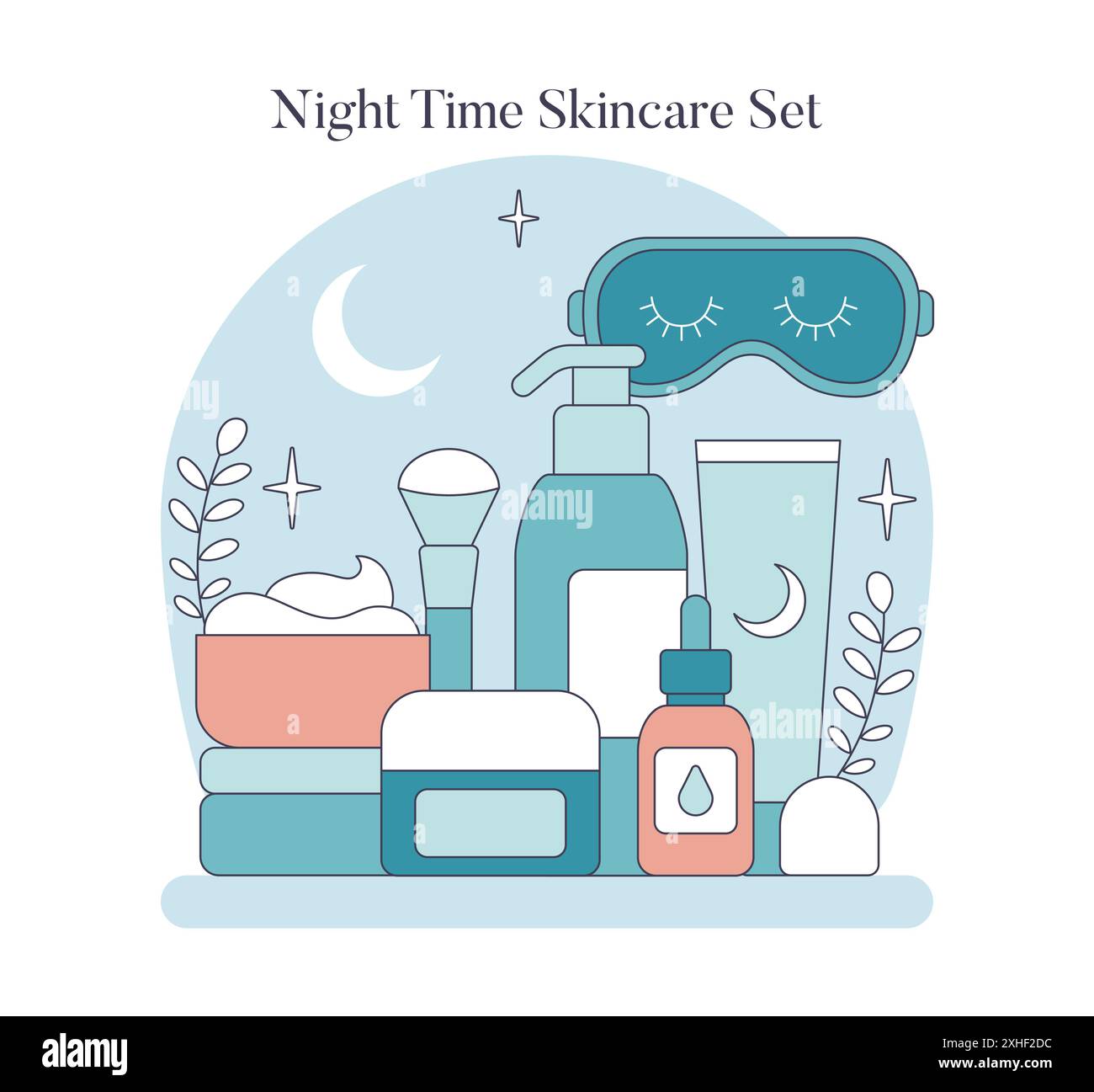 Coffret à outils de soin de la peau pour la routine de nuit avec des crèmes, des sérums et un masque de sommeil sous un thème clair de lune. Les essentiels du régime de beauté. Illustration vectorielle. Illustration de Vecteur