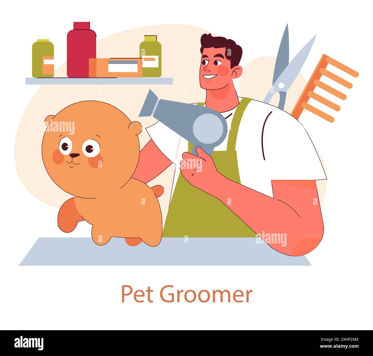 Concept PET Groomer. Un homme joyeux qui toilette un chien mignon et heureux avec des outils professionnels dans un salon de toilettage. Soins d'hygiène et embellissement des animaux de compagnie. Illustration vectorielle. Illustration de Vecteur